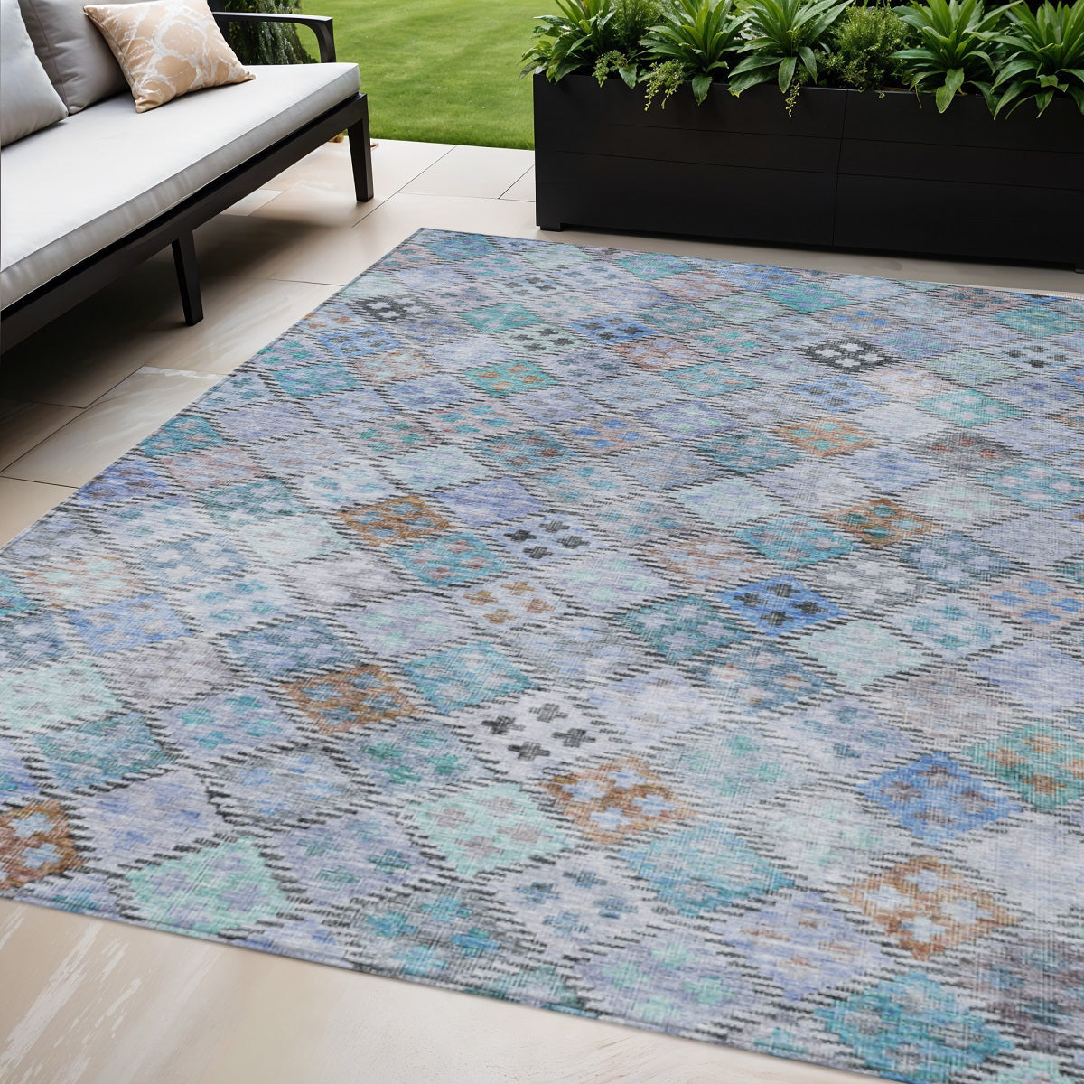 5' X 8' Blue Purple And Gray Geometric Washable Indoor Outdoor Area Rug