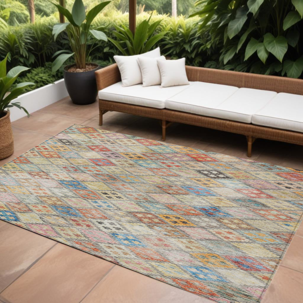 9' X 12' Terra Cotta Beige And Teal Blue Geometric Washable Indoor Outdoor Area Rug