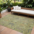 9' X 12' Artichoke Green Gray And Tan Damask Washable Indoor Outdoor Area Rug
