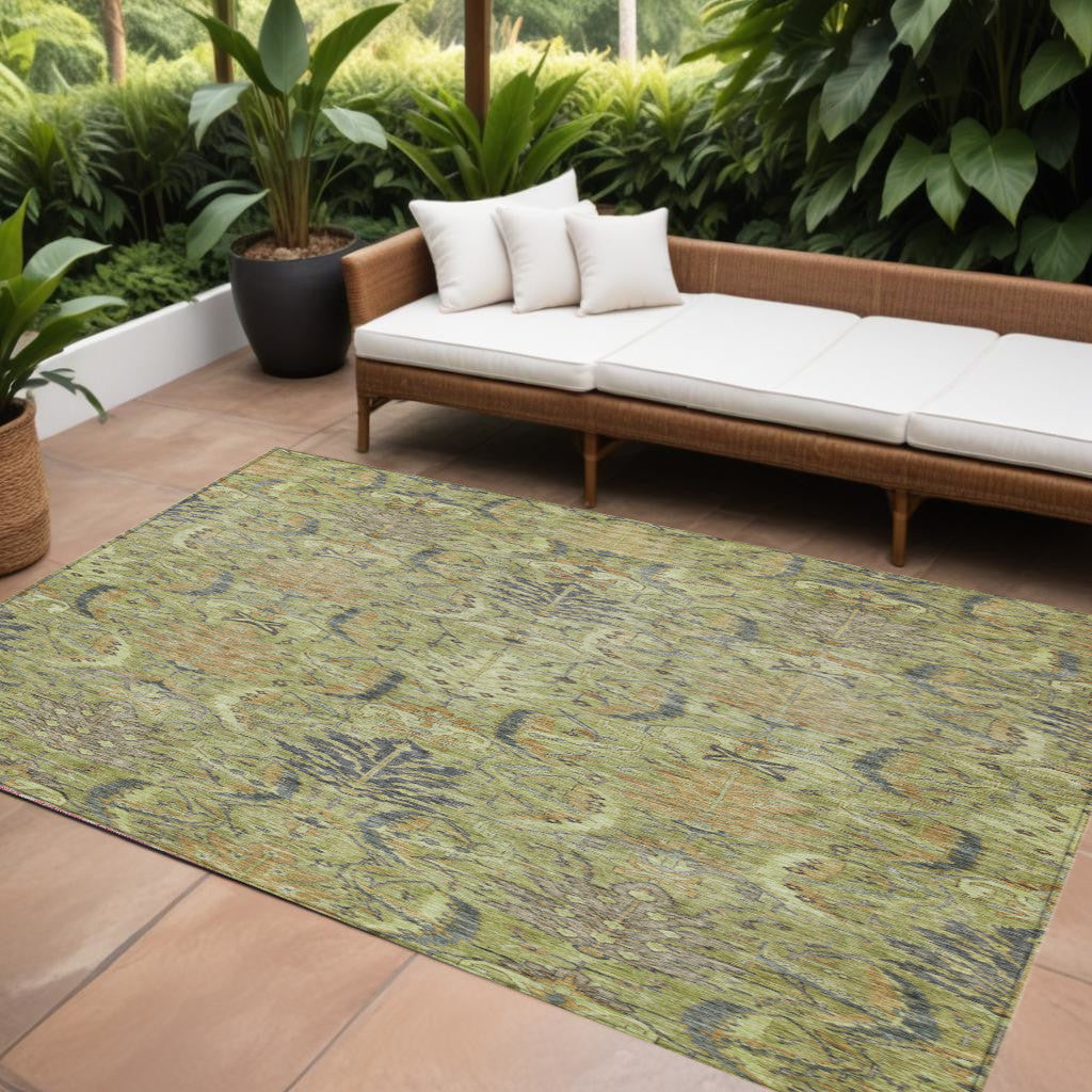 9' X 12' Artichoke Green Gray And Tan Damask Washable Indoor Outdoor Area Rug
