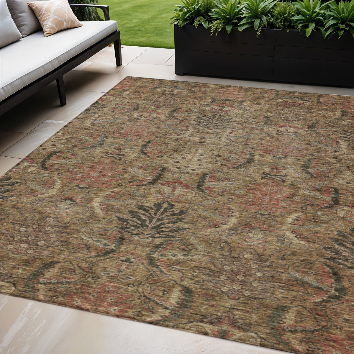 5' X 8' Brown Charcoal And Brick Red Damask Washable Indoor Outdoor Area Rug