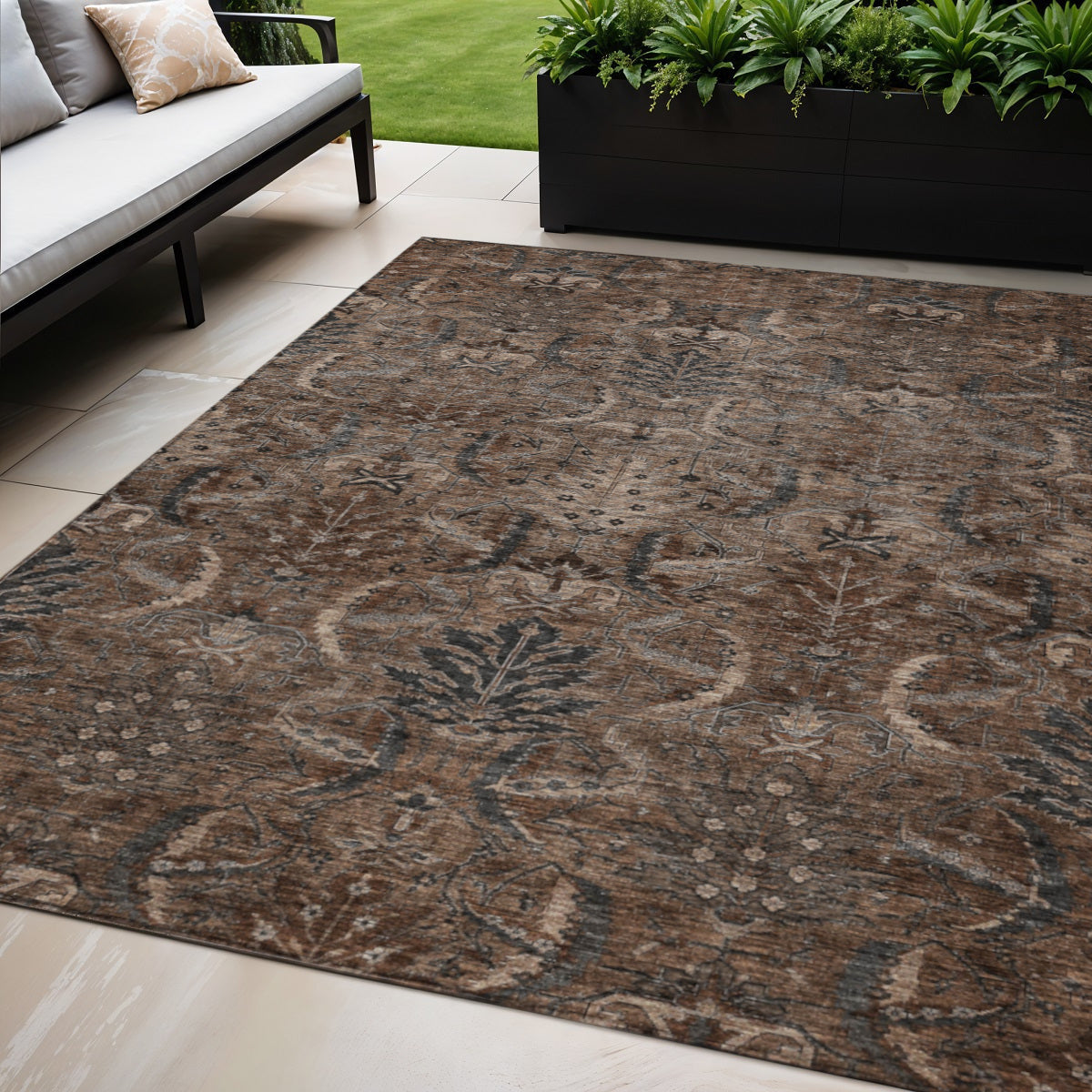 5' X 8' Brown Tan And Charcoal Damask Washable Indoor Outdoor Area Rug
