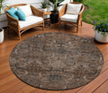 8' Brown Tan And Charcoal Round Damask Washable Indoor Outdoor Area Rug