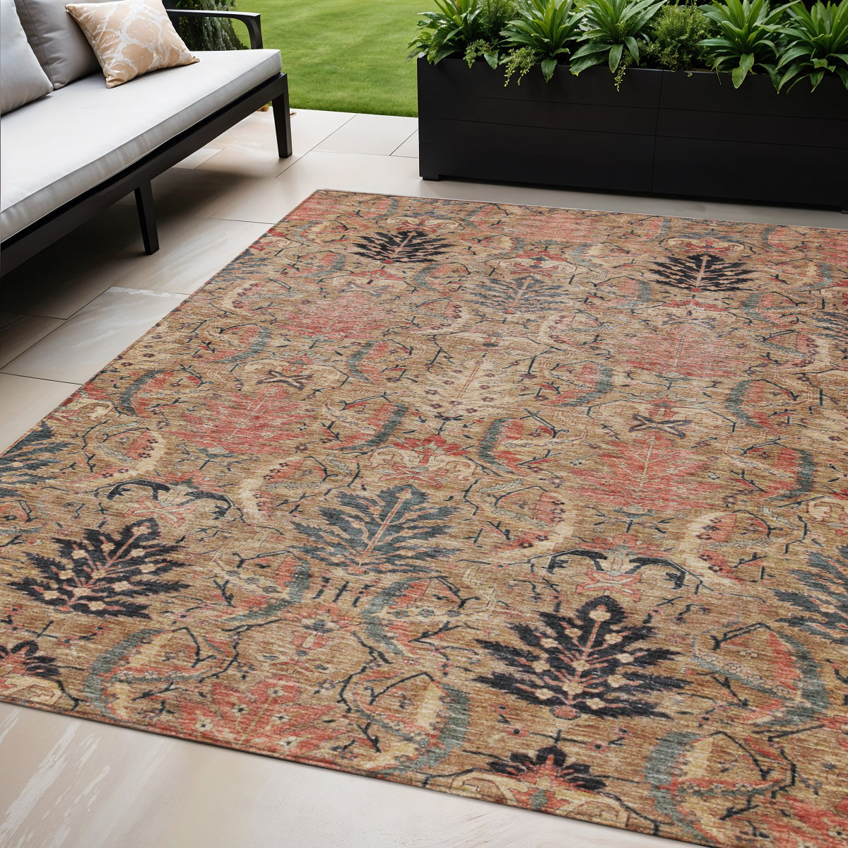 5' X 8' Khaki Terra Cotta And Black Damask Washable Indoor Outdoor Area Rug