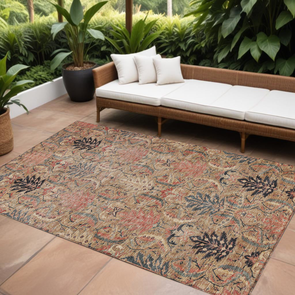9' X 12' Khaki Terra Cotta And Black Damask Washable Indoor Outdoor Area Rug