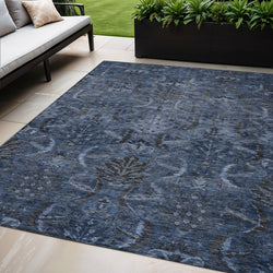 5' X 8' Navy Blue And Charcoal Damask Washable Indoor Outdoor Area Rug
