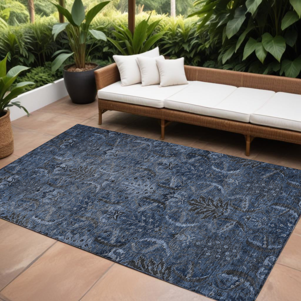 9' X 12' Navy Blue And Charcoal Damask Washable Indoor Outdoor Area Rug