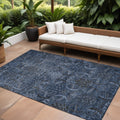 10' X 14' Navy Blue And Charcoal Damask Washable Indoor Outdoor Area Rug