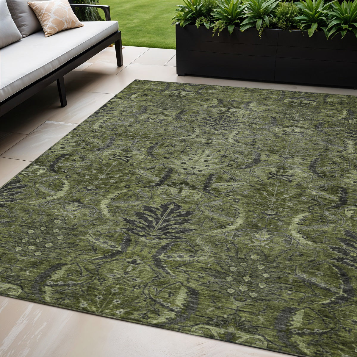 5' X 8' Olive Green And Charcoal Damask Washable Indoor Outdoor Area Rug