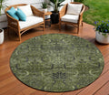 8' Olive Green And Charcoal Round Damask Washable Indoor Outdoor Area Rug