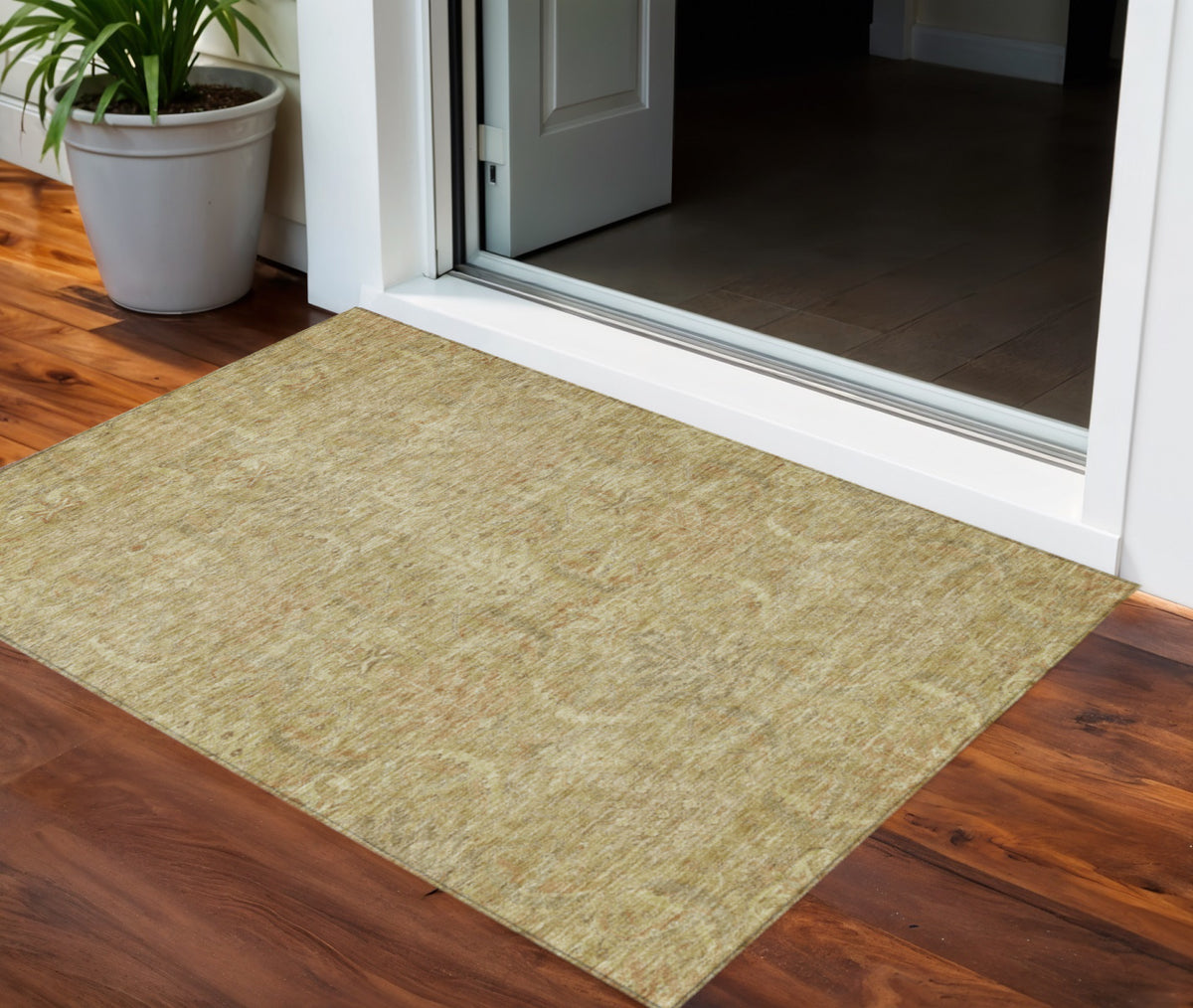 3' X 5' Wheat And Light Brown Damask Washable Indoor Outdoor Area Rug