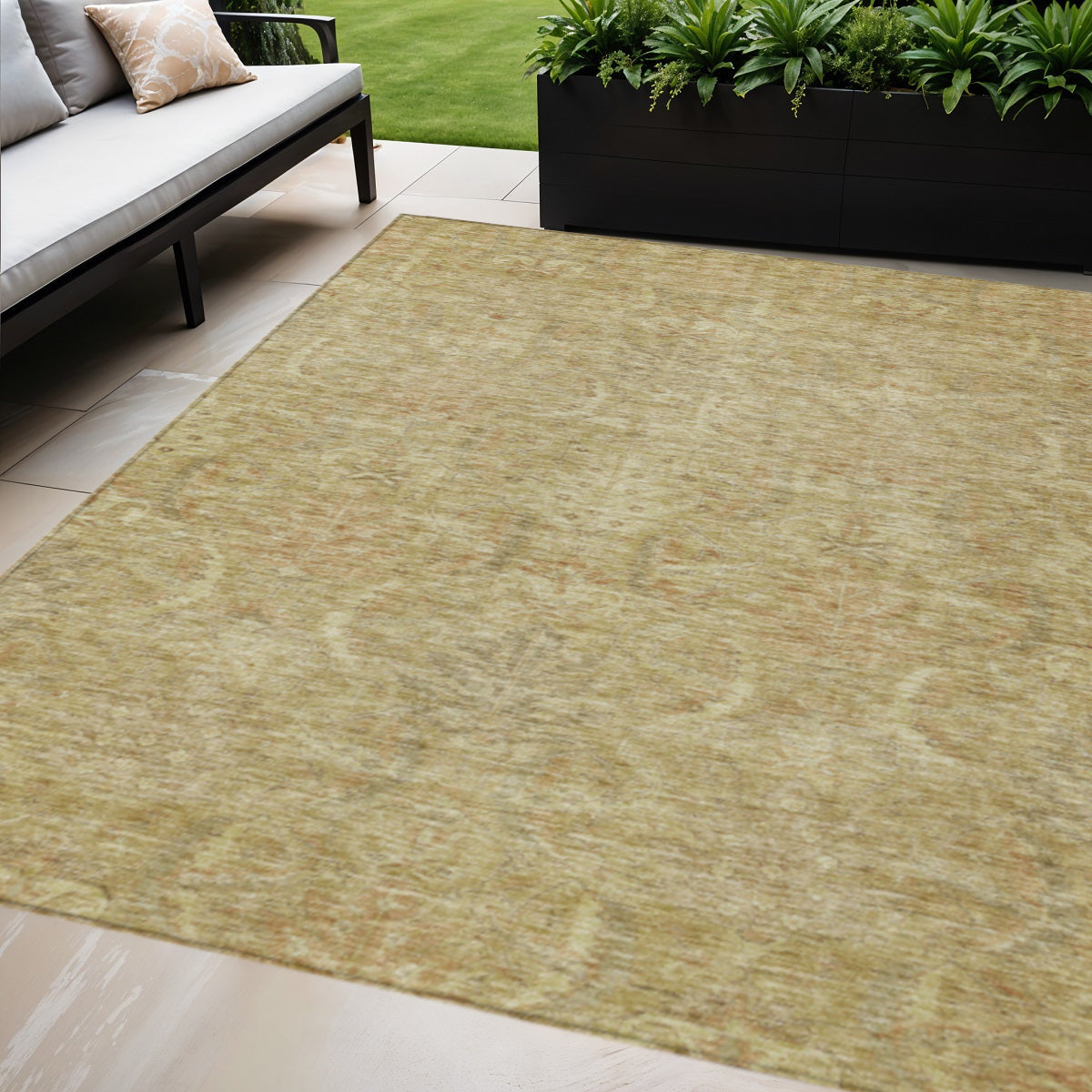 9' X 12' Wheat And Light Brown Damask Washable Indoor Outdoor Area Rug