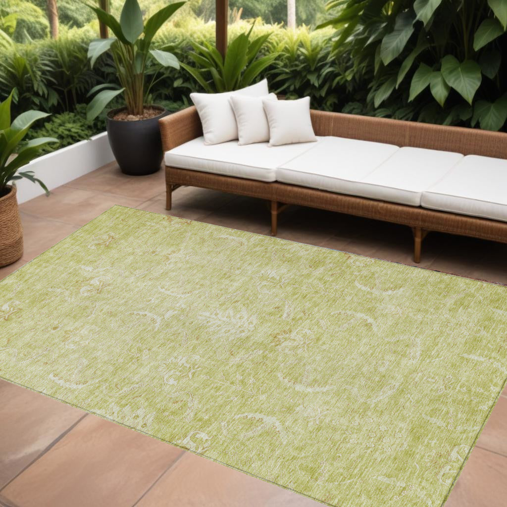 5' X 8' Artichoke Green And Ivory Damask Washable Indoor Outdoor Area Rug