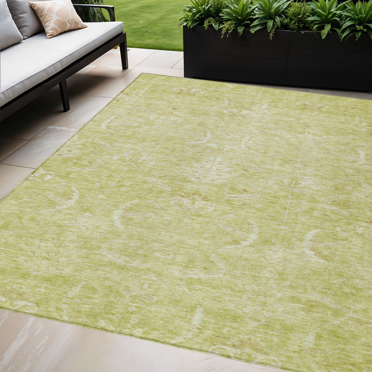 10' X 14' Artichoke Green And Ivory Damask Washable Indoor Outdoor Area Rug
