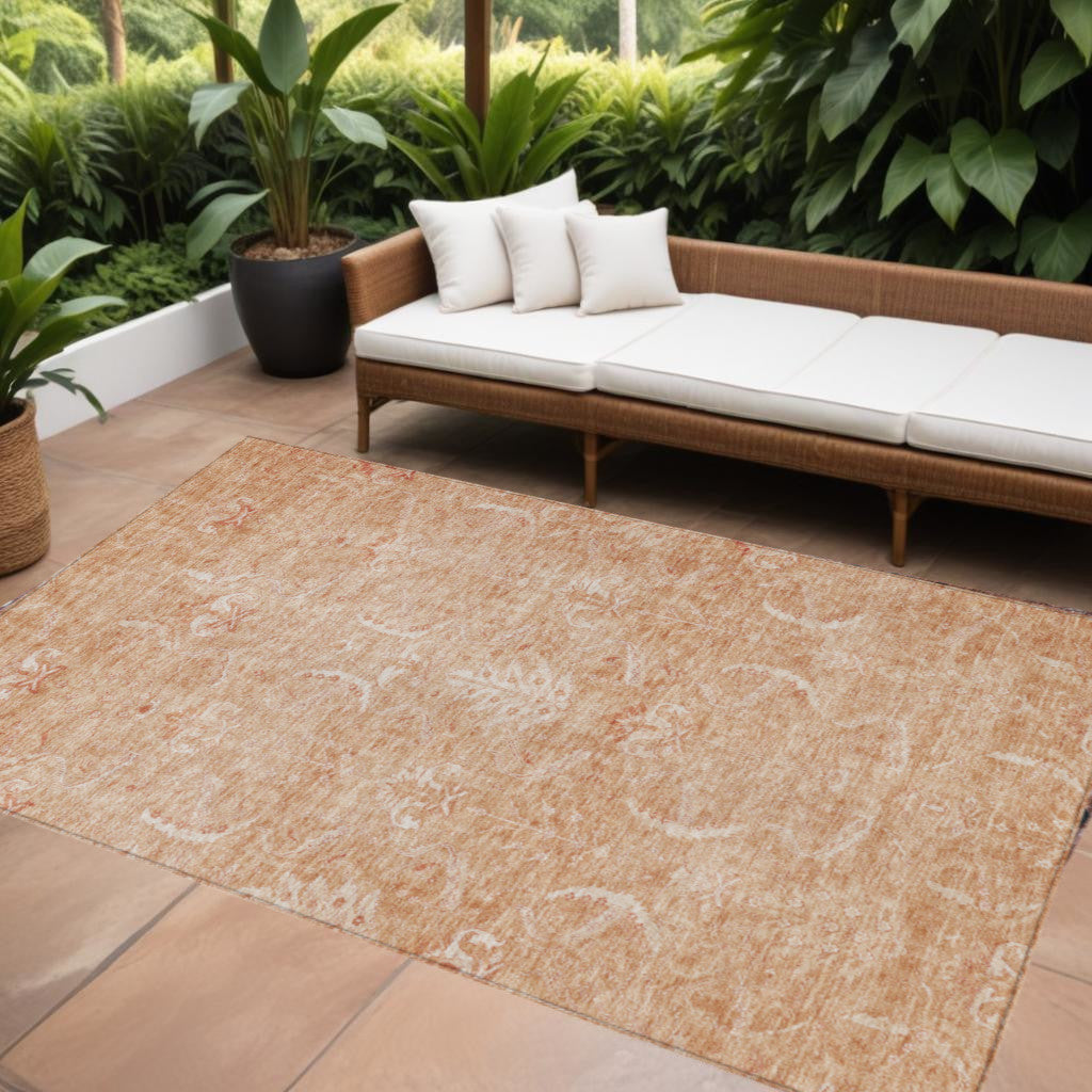 5' X 8' Salmon And Terra Cotta Damask Washable Indoor Outdoor Area Rug