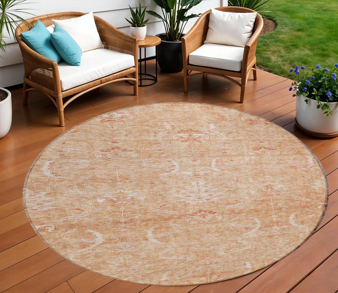 8' Salmon And Terra Cotta Round Damask Washable Indoor Outdoor Area Rug