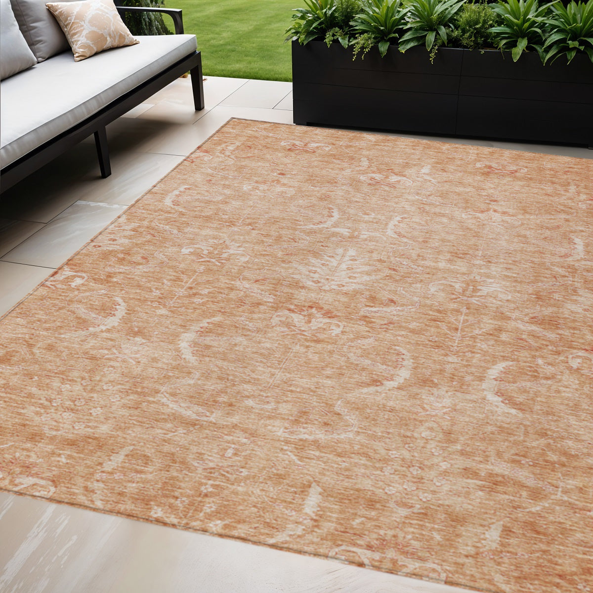 8' X 10' Salmon And Terra Cotta Damask Washable Indoor Outdoor Area Rug