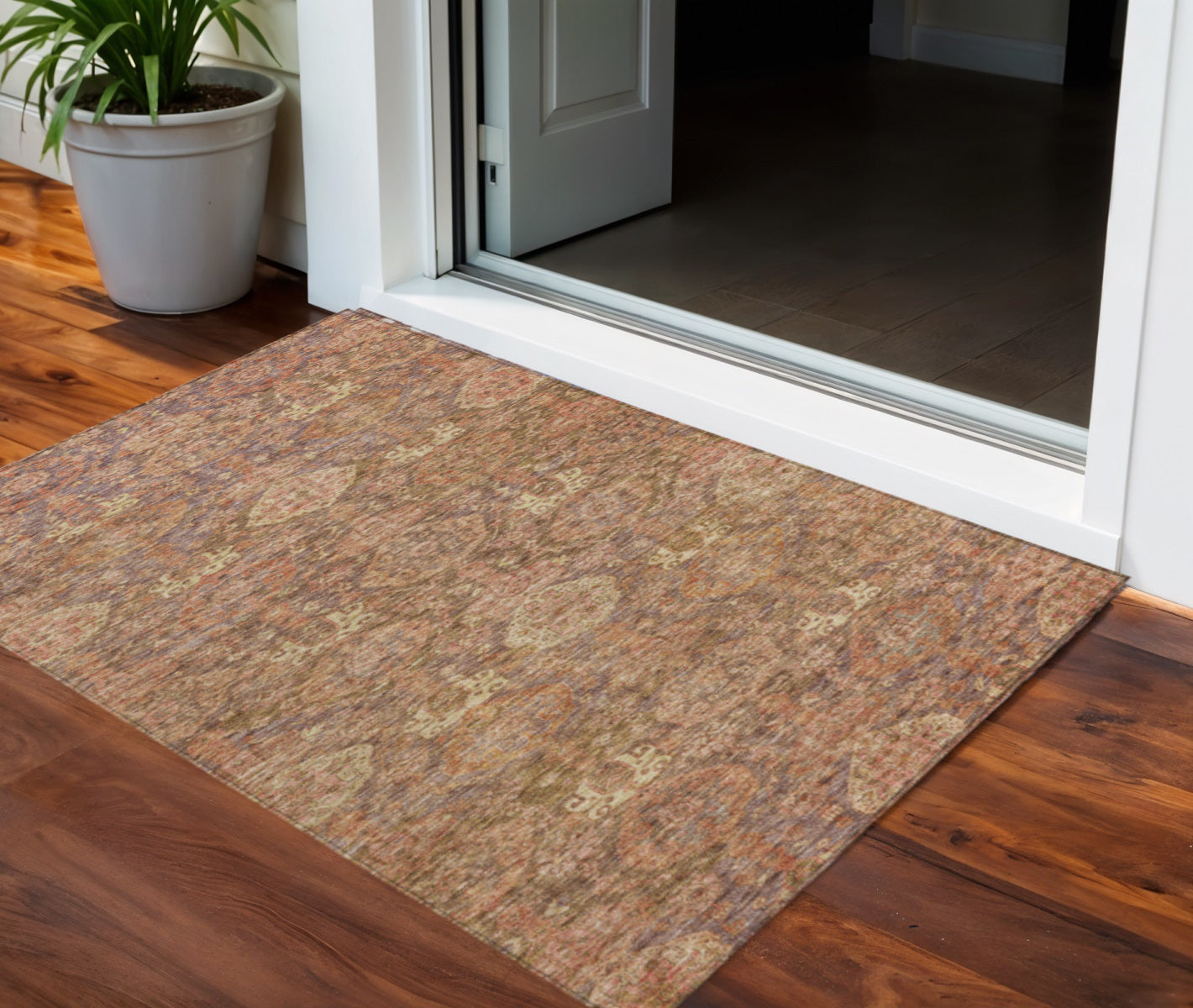 3' X 5' Brown And Tan Damask Washable Indoor Outdoor Area Rug
