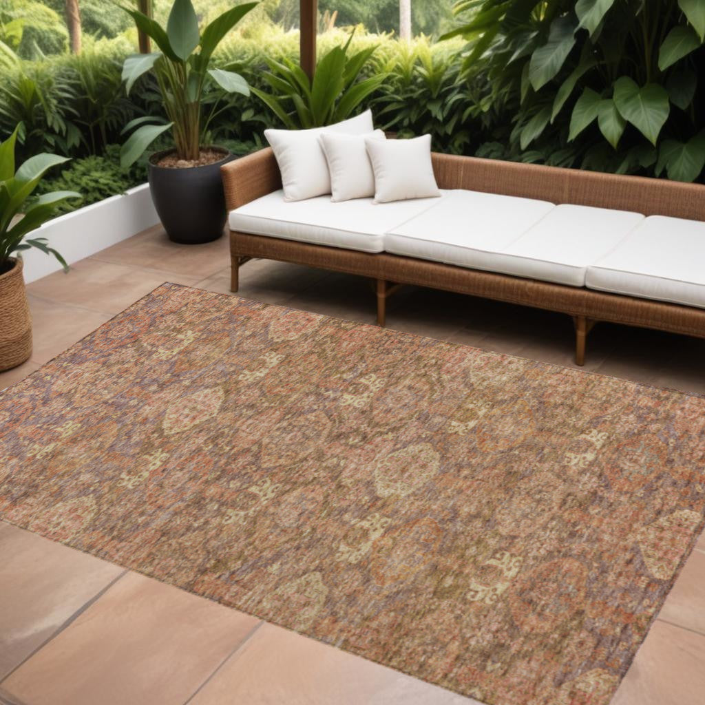 5' X 8' Brown And Tan Damask Washable Indoor Outdoor Area Rug