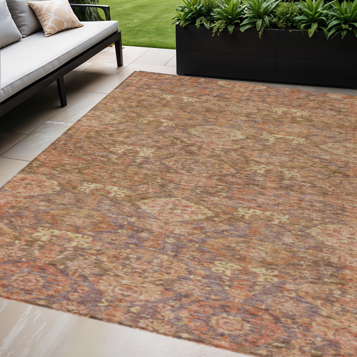 10' X 14' Brown And Tan Damask Washable Indoor Outdoor Area Rug