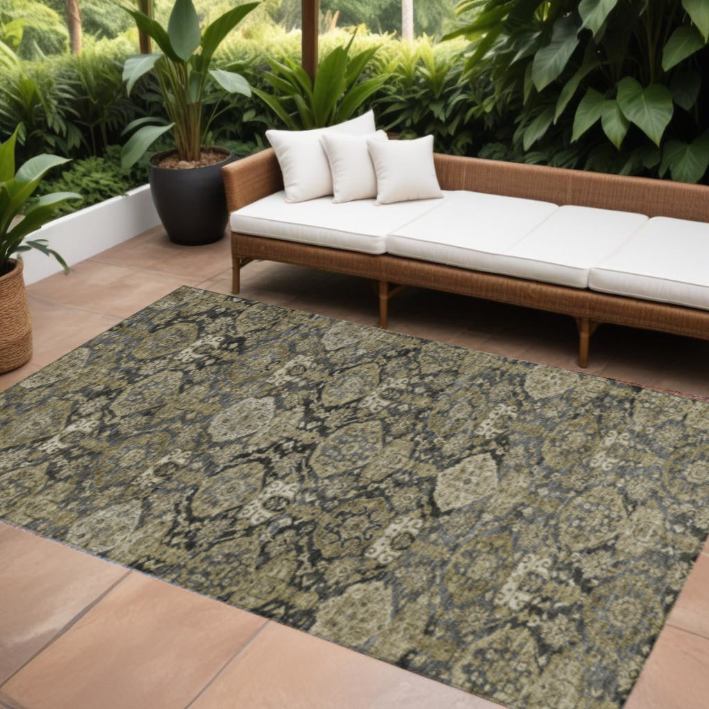 5' X 8' Charcoal And Beige Damask Washable Indoor Outdoor Area Rug