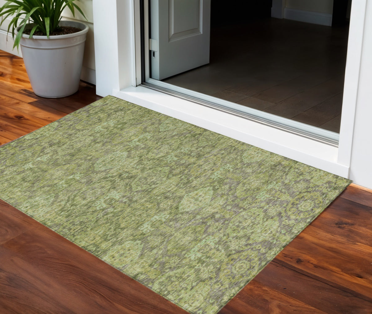 3' X 5' Green And Gray Damask Washable Indoor Outdoor Area Rug