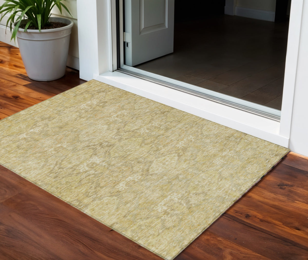 3' X 5' Wheat And Beige Damask Washable Indoor Outdoor Area Rug