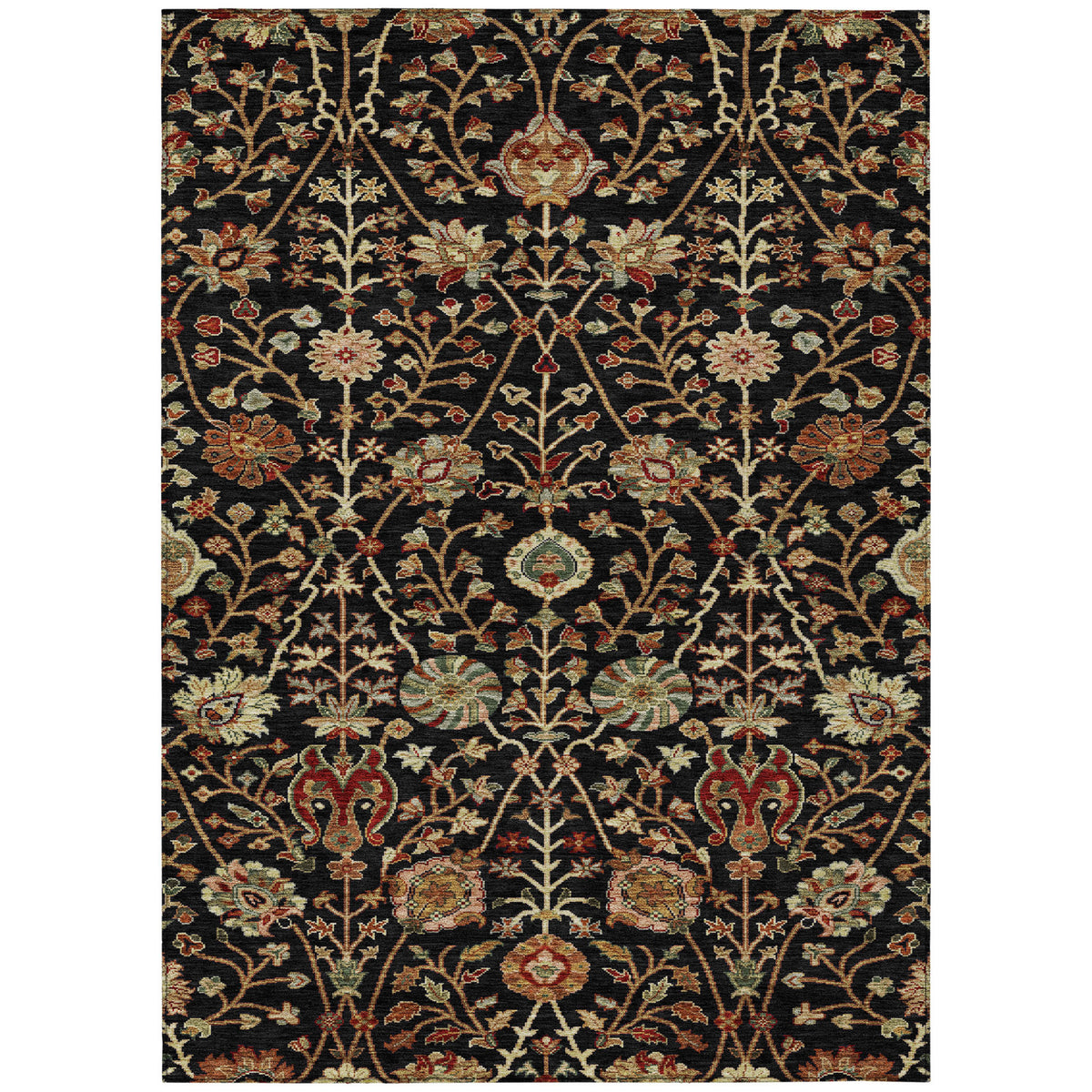 5' X 8' Black Brown And Red Floral Washable Indoor Outdoor Area Rug