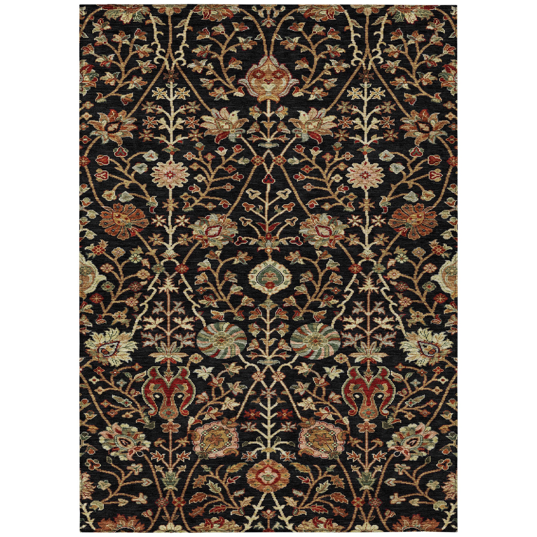 5' X 8' Black Brown And Red Floral Washable Indoor Outdoor Area Rug