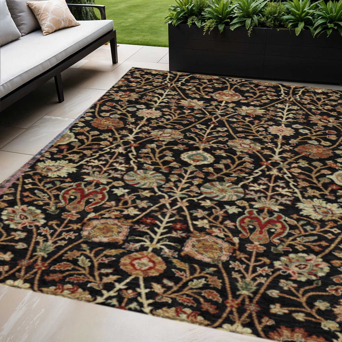 10' X 14' Black Brown And Red Floral Washable Indoor Outdoor Area Rug