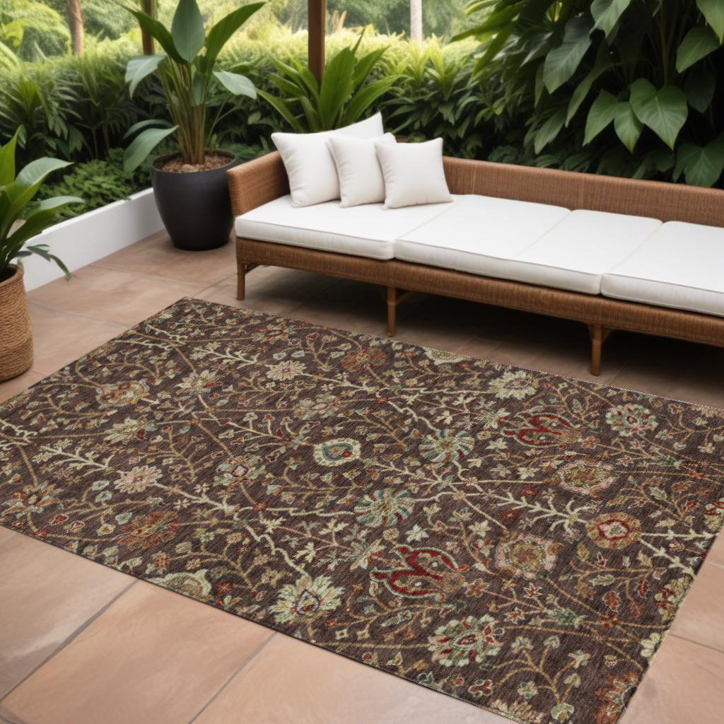 9' X 12' Chocolate Tan And Green Floral Washable Indoor Outdoor Area Rug