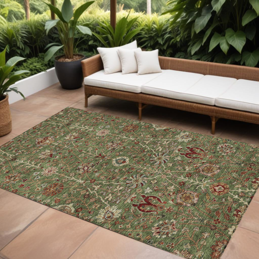 9' X 12' Fern Green Brown And Red Floral Washable Indoor Outdoor Area Rug