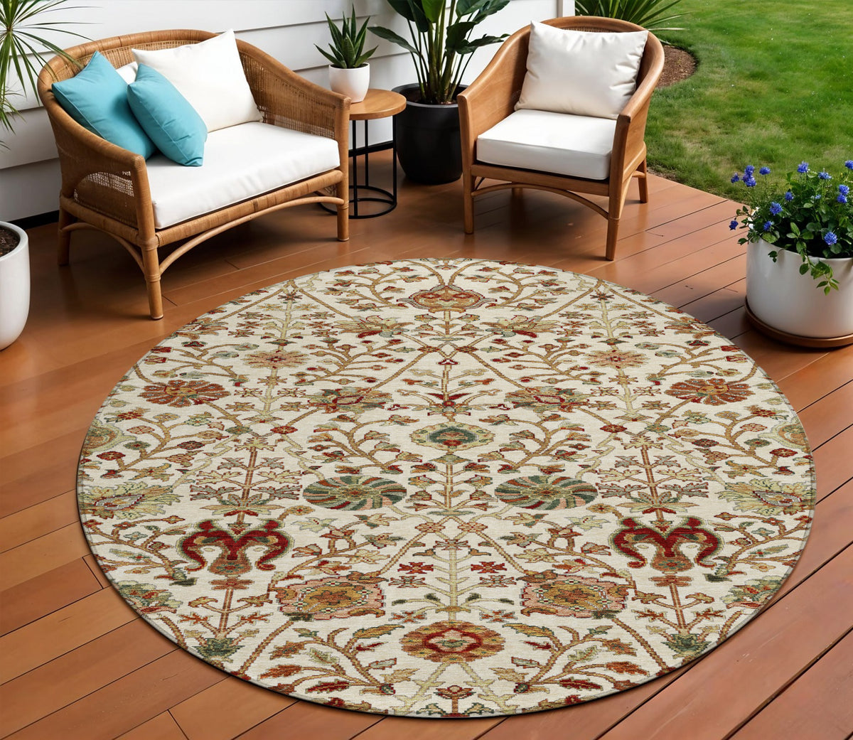 8' Ivory Brown And Red Round Floral Washable Indoor Outdoor Area Rug