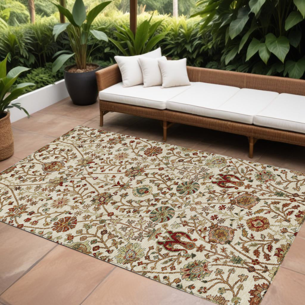 9' X 12' Ivory Brown And Red Floral Washable Indoor Outdoor Area Rug