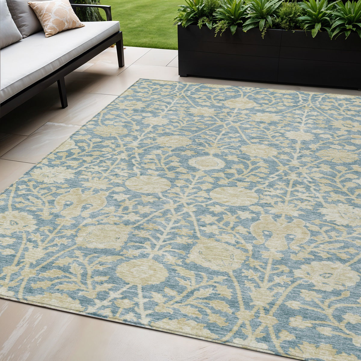 5' X 8' Sky Blue And Beige Floral Washable Indoor Outdoor Area Rug