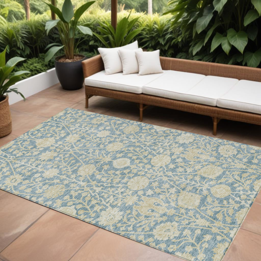 9' X 12' Sky Blue And Beige Floral Washable Indoor Outdoor Area Rug