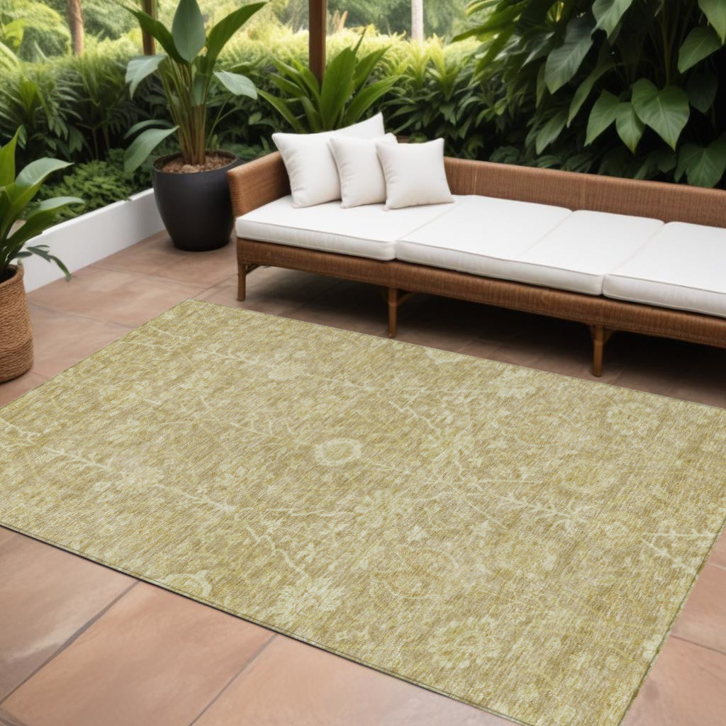 9' X 12' Tan And Beige Floral Washable Indoor Outdoor Area Rug