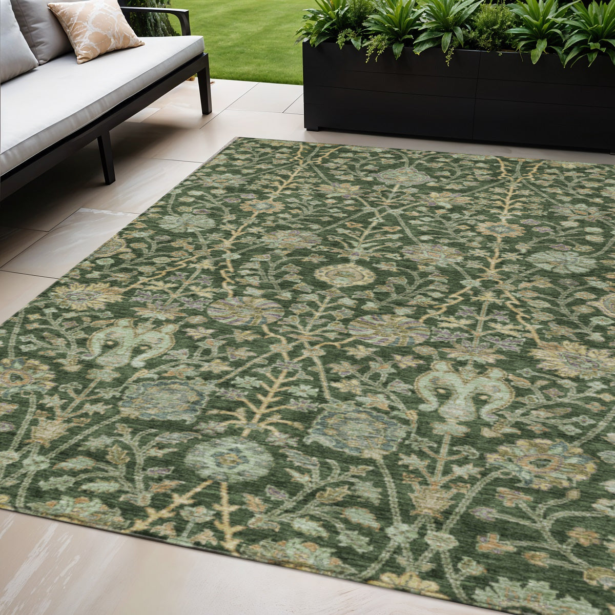 5' X 8' Green Tan And Gray Floral Washable Indoor Outdoor Area Rug