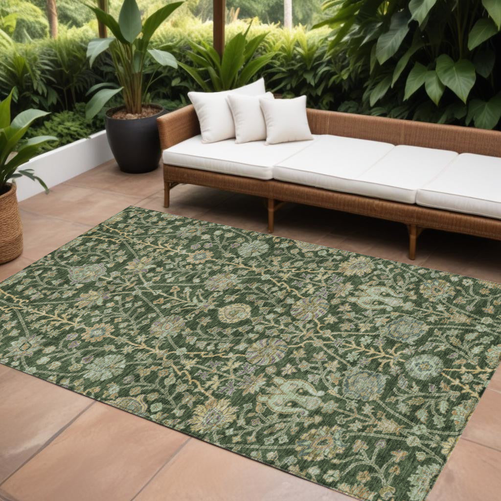 9' X 12' Green Tan And Gray Floral Washable Indoor Outdoor Area Rug