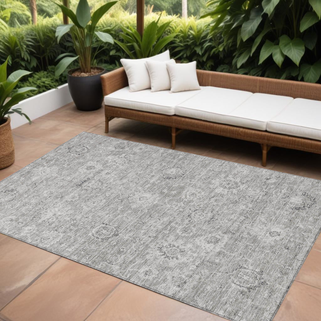 9' X 12' Gray And Silver Damask Washable Indoor Outdoor Area Rug