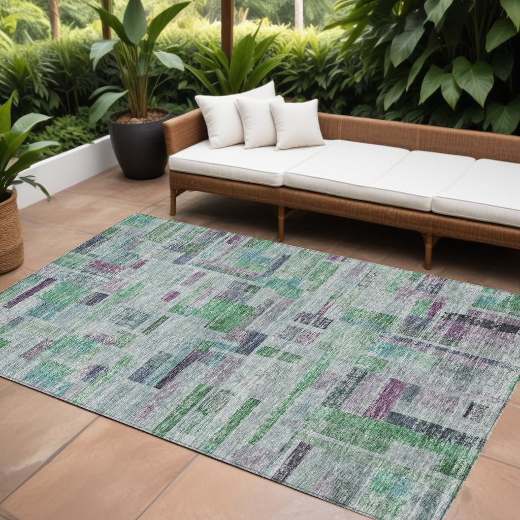 10' X 14' Artichoke Green Charcoal And Purple Striped Washable Indoor Outdoor Area Rug