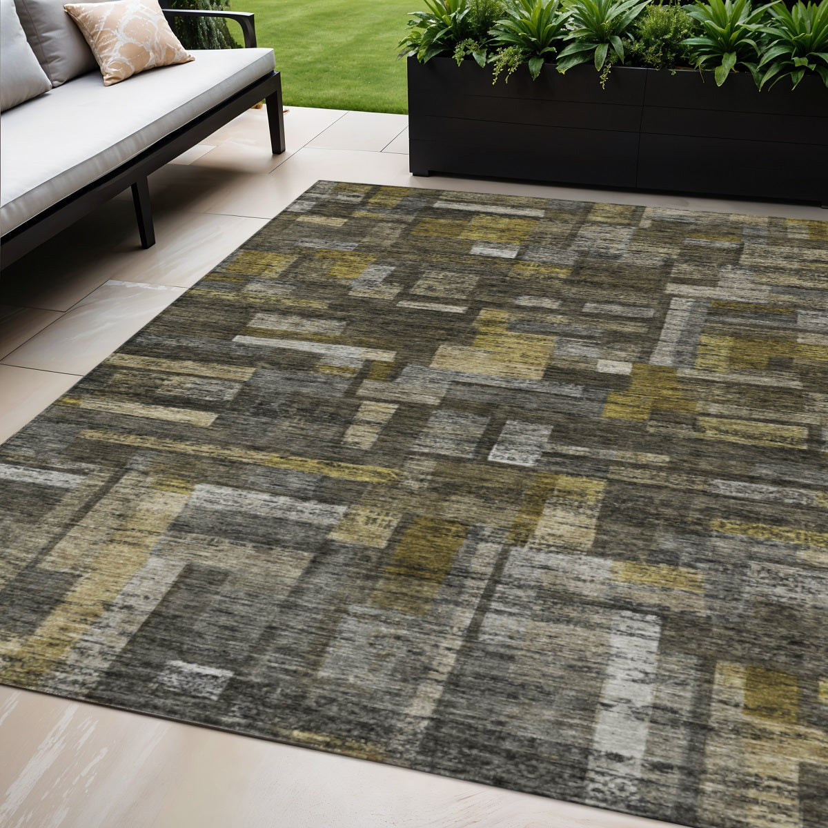 5' X 8' Charcoal Gray And Green Striped Washable Indoor Outdoor Area Rug