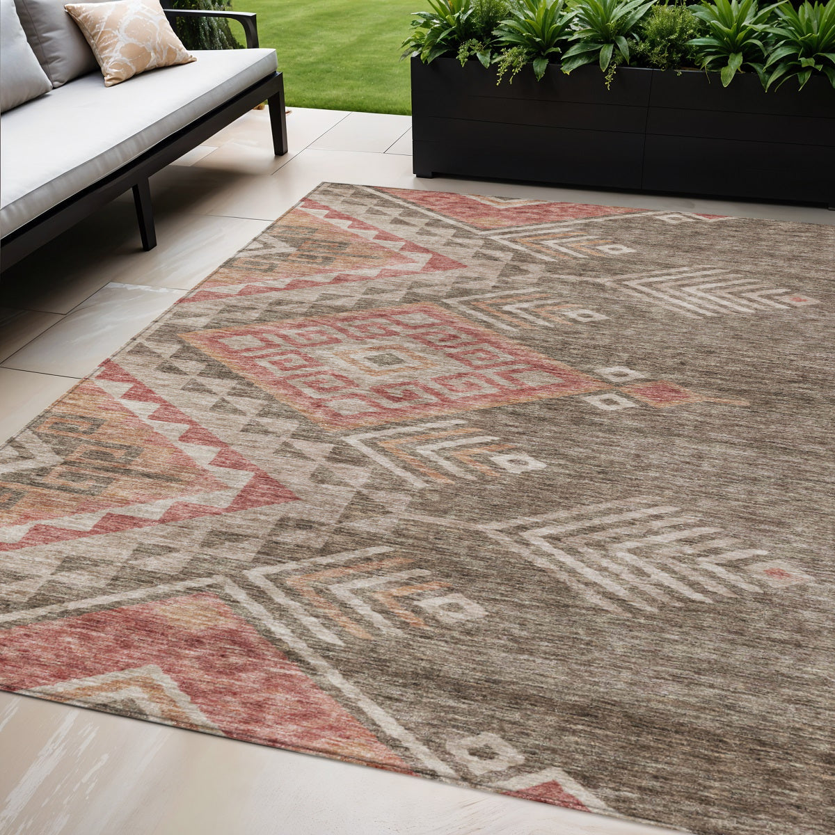 5' X 8' Brown And Terra Cotta Southwestern Washable Indoor Outdoor Area Rug