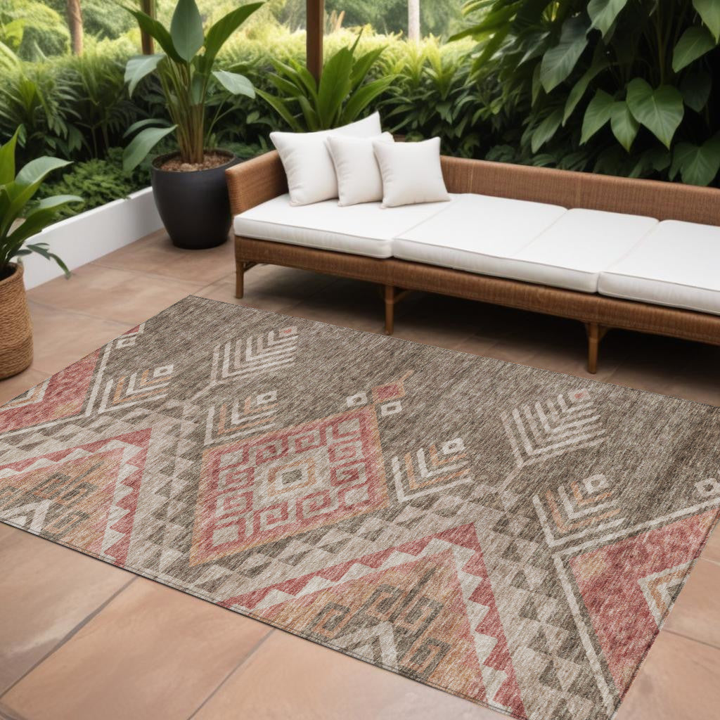 9' X 12' Brown And Terra Cotta Southwestern Washable Indoor Outdoor Area Rug