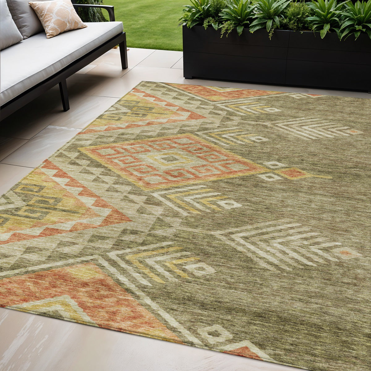 5' X 8' Green And Terra Cotta Southwestern Washable Indoor Outdoor Area Rug