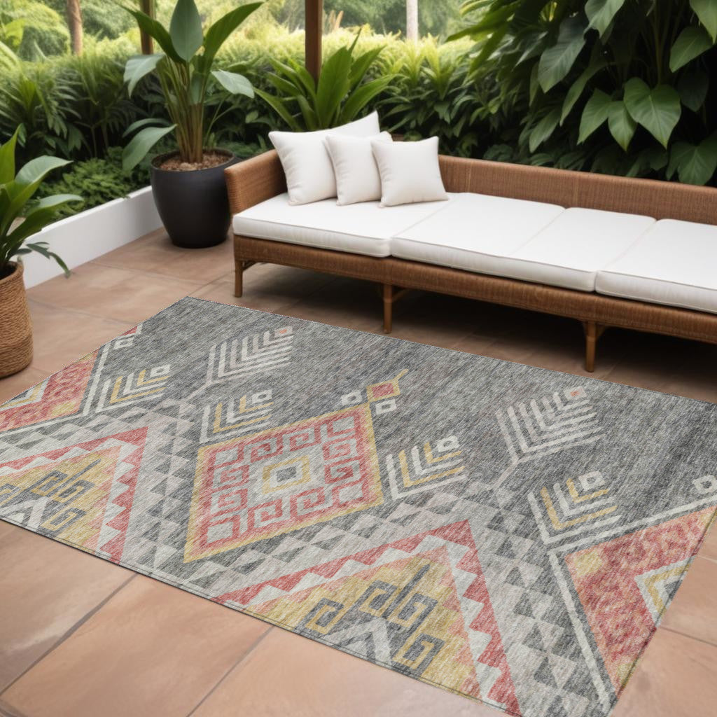 9' X 12' Gray And Terra Cotta Southwestern Washable Indoor Outdoor Area Rug
