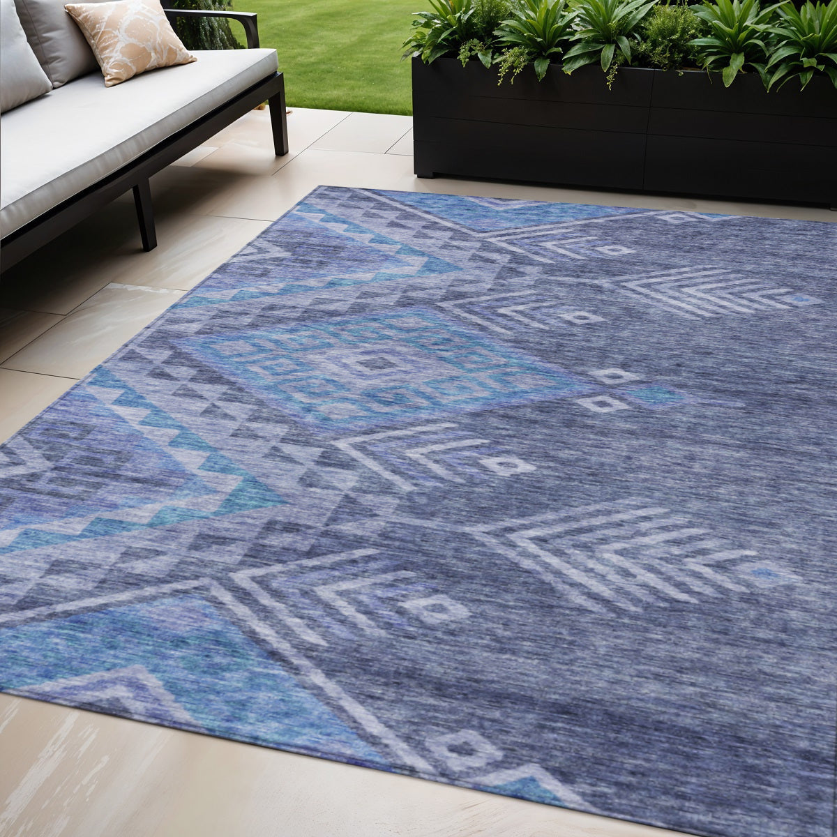 5' X 8' Navy Blue Charcoal And Gray Southwestern Washable Indoor Outdoor Area Rug