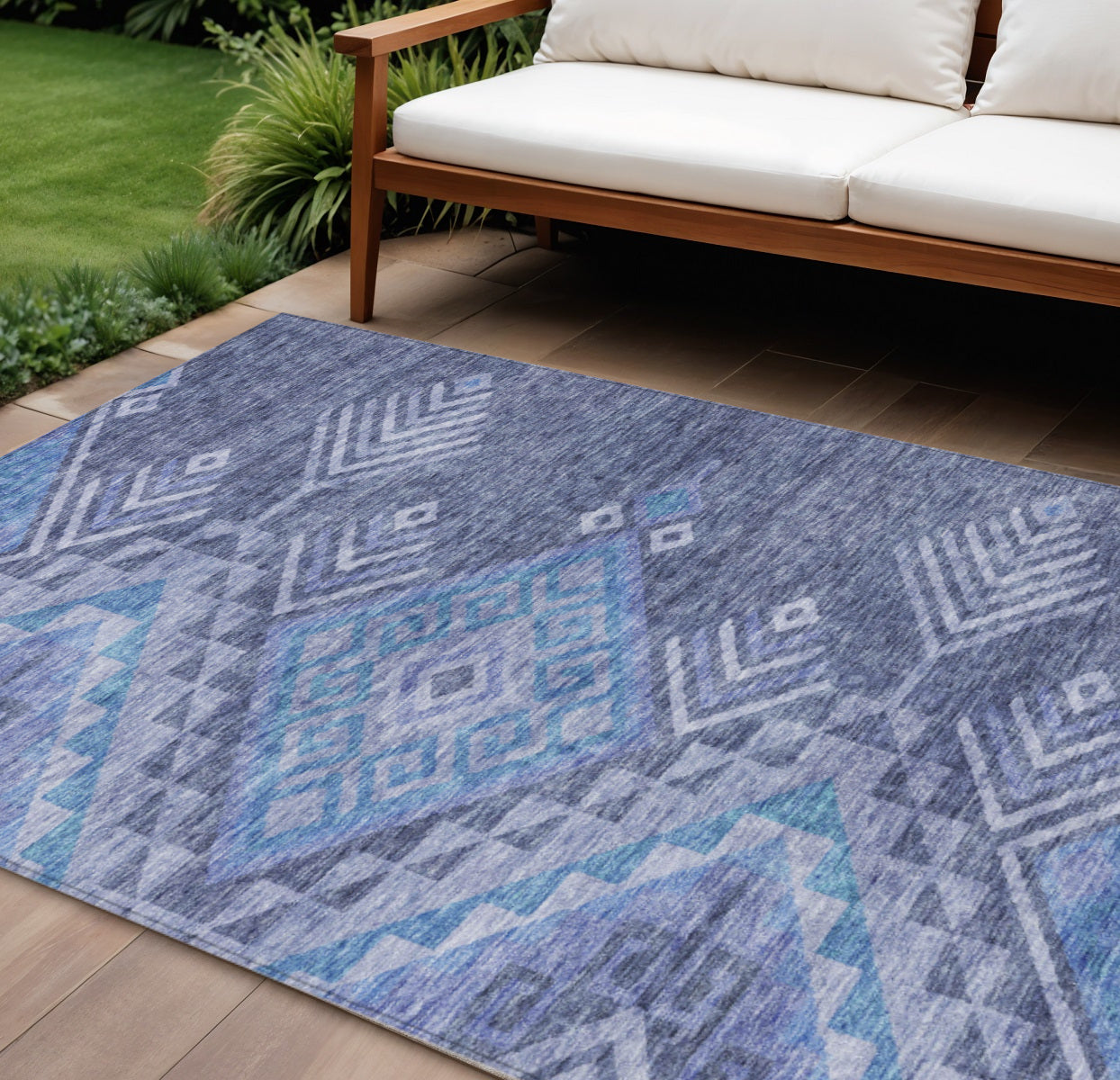 9' X 12' Navy Blue Charcoal And Gray Southwestern Washable Indoor Outdoor Area Rug