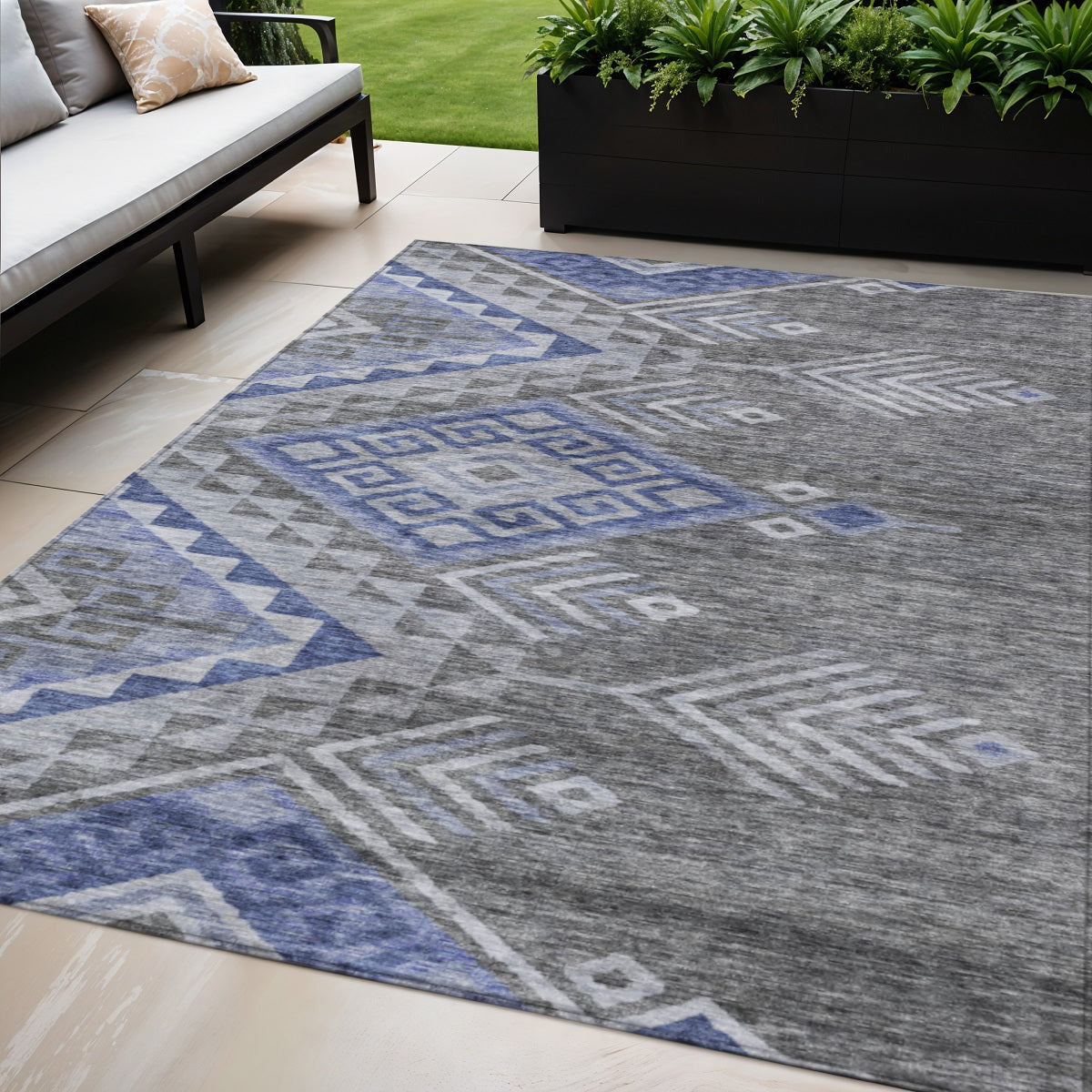 5' X 8' Pewter And Blue Southwestern Washable Indoor Outdoor Area Rug