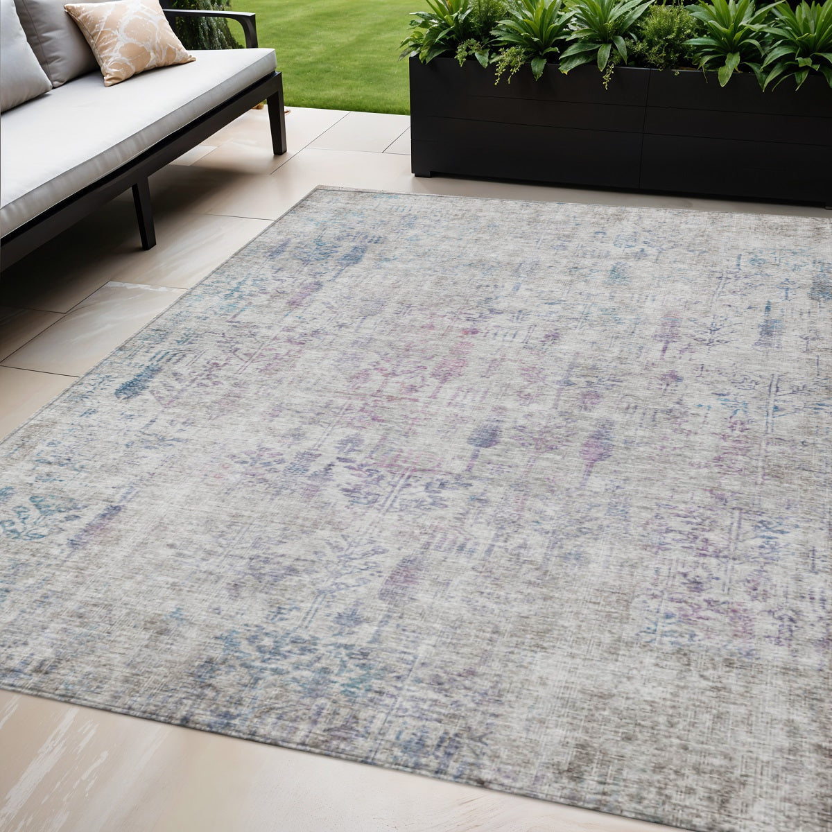 5' X 8' Ivory Blue And Purple Floral Washable Indoor Outdoor Area Rug